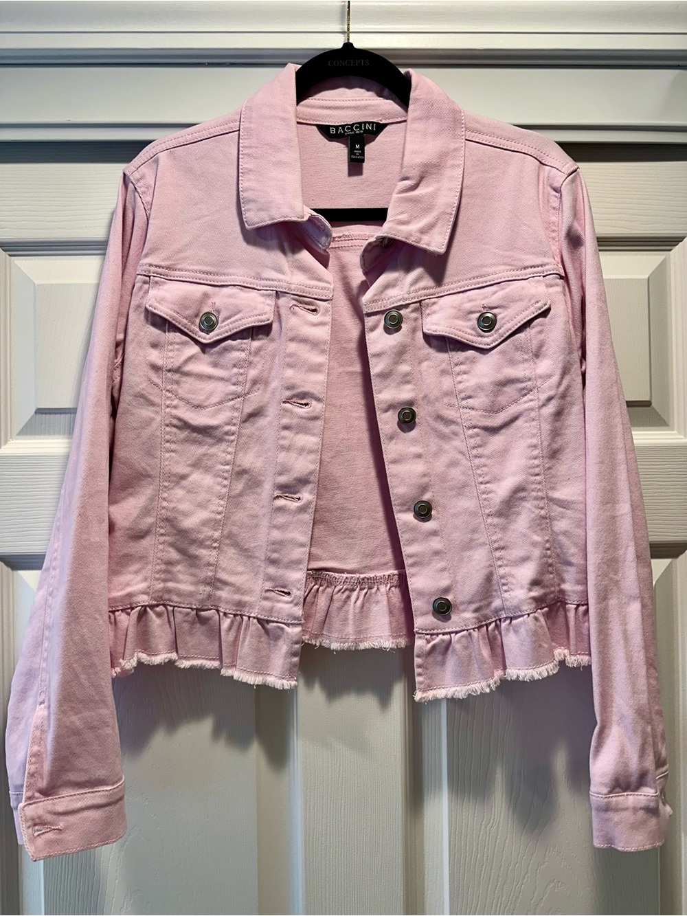 Baccini Pink Ruffle Hem Denim Jacket Size Medium